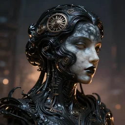 epic illustration, digital abstract sculpt of beautiful female face and black swirling latex acrylic portrait, black latex sculpt, close up portrait, mechanical superstructure, sacred geometry, glowing edges, magic hour, beautiful light, sculpture of carving marble, dark colors, dark mood, one point light, clockwork, epic matte painting, concept art, bokeh, digital painting, artstation