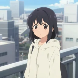 anime visual, portrait of a young black haired girl wearing hoodie sightseeing above the urban city, school rooftop guardrail, cute face by yoh yoshinari, katsura masakazu, dramatic lighting, dynamic pose, dynamic perspective, strong silhouette, ilya kuvshinov, anime cels, 1 8 mm lens, rounded eyes, moody, detailed book cover