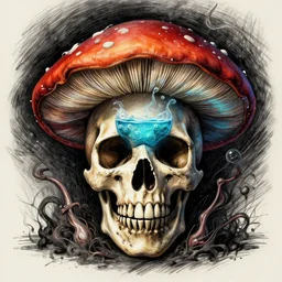 mushroom skull, absinthe inside of it bubbling up, mad scientist, wild hair, creepiness, cosmic horror, high - res, sketch, color restoration