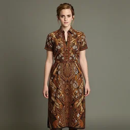 a portrait of emma watson wearing batik dress, full body shot, perfect symmetrical body, perfect symmetrical face, by charlotte grimm, natural light, detailed face, canon eos c 3 0 0, ƒ 1. 8, 3 5 mm, 8 k, medium - format print