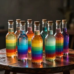 seven colored rainbow potion bottles on a dark oak table. detailed fantasy bottles made of glass. dramatic lighting.