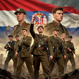 a beautiful digital vintage artwork of yugoslavia victory in world war 2 by artgerm, tooth wu, dan mumford, beeple, wlop, rossdraws, james jean, marc simonetti. intricate, epic lighting, cinematic composition, hyper realistic, 8 k resolution, unreal engine 5