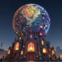 cloisonnism street view low angle view of intricate base with neon - lit windows on a planet in no mans sky, asymmetrical, intricate details, masterpiece, beautiful composition, bekskinski, syd mead, moebius