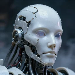 close-up of white metallic translucent shattered skin broken mecha humanoid face with chaotic wiring and structures, ultra-realistic, ultra-detailed, low-light, at night, humid air, smoke background, glith