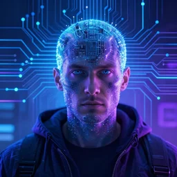 portrait of a circuit board human, cyberspace, blue and purple, light beams, hacker, digital art by ross tran