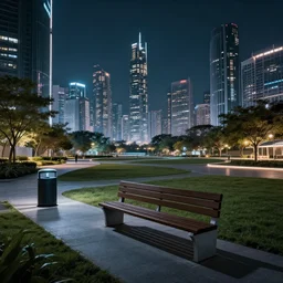 “ wide angle on futuristic city park, night mood, bench, trashcan, skyscrapers in the distance, dynamic lighting, by moebius and victo ngay, trending on artstation ”