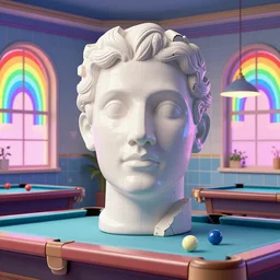 pieter de hooch, giant head, vaporwave 8 0's tile pool room, giant head statue ruins, by beeple, rainbow, windows, 3 d rendering, fantasy lut, epic composition, sci - fi, surreal, angelic, roman marble statue, cinematic, 8 k, unreal engine, photorealistic, palm trees