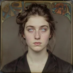 portrait of a beautiful young lady with silver eyes, colored daguerreotype, by schiele, by mucha, by Mackintosh
