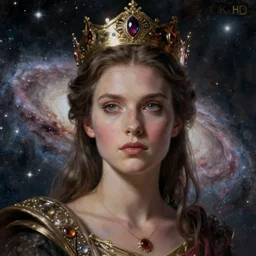 a realistic digital painting of a queen looking over the galaxy, wearing a crown, dramatic lighting, serious expression, 4K, HD, detailed, epic