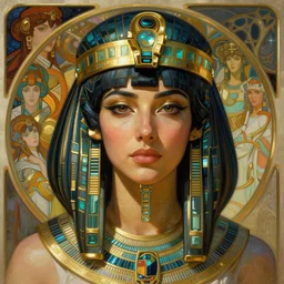 realistic detailed face portrait of a beautiful futuristic egyptian warrior priestess bast in alien cyberpunk armor by alphonse mucha, ayami kojima, amano, greg hildebrandt, and mark brooks, female, feminine, art nouveau, cyberpunk, egyptian, stargate, neo - gothic, gothic, character concept design