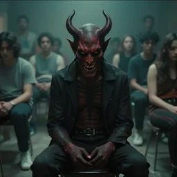 vhs footage of a demon sitting in a room of people