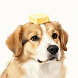 sketch of a dog with butter resting on the top of his head