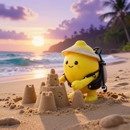 3 d octane render of an anthropomorphic lemon character, with lemon skin texture, it is wearing a hat and scuba diving suit, it's seen building a sandcastle on the beach at sunset, beach, huge waves, sun, clouds, long violet and green trees, rim light, cinematic photography, professional, sand, san dcastle, volumetric lightening