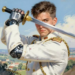 portrait of a young white hero using his right arm to hold his sword covering his eye by yoji shinkawa, high quality, extra details, realism, ornate, colored, golden chain, blood, white skin, short hair, brown eyes, vivid, sunlight, dynamic, american man, freedom, white american soldier, painting, cybernetics, military garbs, scenic view