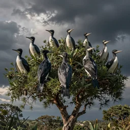 a flock of pterodon sitting in a tree