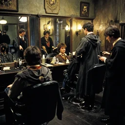 a film still of a crowded barber shop in harry potter