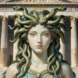 medusa portrait in glorious greek temple, snake hair, beautiful female gorgon, symmetrical face, beautiful eyes, fine art, art nouveau masterpiece, art deco, semi realistic anime, museum quality work, cel shaded, art style of John Collier, Moebius, Studio Ghibli, cinematic, widescreen, 4K