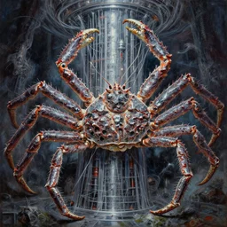oil painting nightmare yaw whipping epic wire & chrome tiered japanese spider crab weapon fused into plagued hadron collider, cinematic, fine art, by boris vallejo, shigeru komatsuzaki