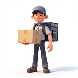 battle-worn delivery courier with package, stylized pixar-style 3d render, full body, standing, isolated on a pure white background, centered, whole figure in frame, sharp focus, studio lighting