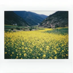 colorful polaroid photograph of a valley full of yellow flowers, super detailed, panoramic photo