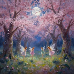 a beautiful painting of fairies in a cherry blossom forest, volumetric lighting, moonlit by greg rutkowski and kalin popov, trending on artstation, masterpiece,