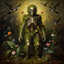 'Life from death' A horrifyingly detailed aesthetic horror full body portrait painting depicting 'A mossy skeleton with plants and flowers growing all over it, birds and insects flying all around it' by giuseppe arcimboldo and Rembrandt, Trending on cgsociety artstation, 8k, masterpiece, cinematic lighting, vibrant colors.
