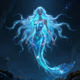 beautiful cinematic fantasy poster, a beautiful glistening bioluminescent mermaid wearing a long flowing gown with flowing illuminated hair, beautiful glowing galaxy eyes, wideshot ultrawide angle epic scale, hybrid from The Elden Ring and art direction by Darius Zawadzki ;by artgerm; wayne reynolds art station; cinematic quality character render; low angle; ultra high quality model; production quality cinema model;