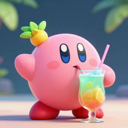 3D render of Kirby sipping a tropical drink