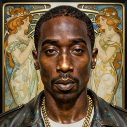tupac street king by zdzisław beksinski, iris van herpen, raymond swanland and alphonse mucha, highly detailed, hyper - real, handsome bronze brown skin, face centered portrait, smooth polished porcelain, art nouveau, ornate thug prophet icon with heavy patina, ultrasharp hyperdetailed photorealistic octane render