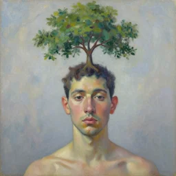An impressionist oil painting of a human with a tree growing out of the top of the head