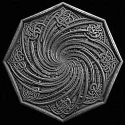ornate psychedelic twisting three dimensional celtic pattern vortex inside a hexagonal shape, intricate detail, complex