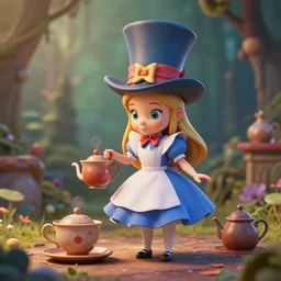 alice in wonderland tea with mad hat 3 d, mistic atmosphere, cute, octane render, redshift render, intricate, insanely detailed, morning light, ambient occlusion, sub surface scattering, well rendered
