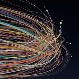 millions of thin threads of colorful fabric unravel, twist, and whirl confusingly in strong winds across a dark night sky, highly detailed