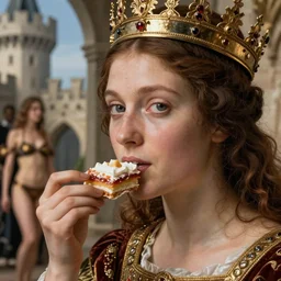 closeup medieval botticelli face portrait of a fairytale princess wearing a crown eating cakes in the castle, bikini, depth of field, zeiss lens, detailed and intricate environment, fashion photoshoot by nicoletta ceccoli, mark ryden, lostfish, breathtaking, 8 k resolution, extremely detailed, beautiful, establishing shot, artistic, hyperrealistic, octane render