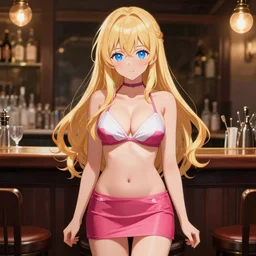 a very beautiful young anime bar girl, full body, long wavy blond hair, sky blue eyes, full round face,, bikini, miniskirt, front view, mid - shot, highly detailed, cinematic wallpaper by stanley artgerm lau