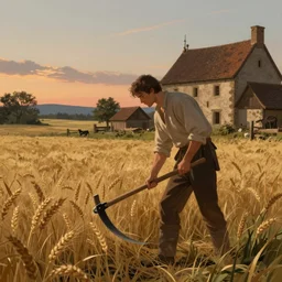 fantasy illustration of a longing wistful stoic peasant cutting a field of wheat with a scythe, on beautiful summer evening near a medieval farmstead, trending on artstation, digital art ( by brad rigney ) ( by greg rutkowski ) ( by artur treffner )