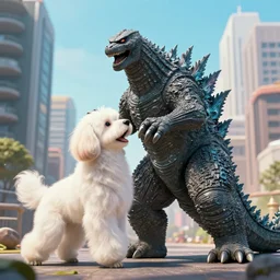 a giant maltese dog fighting godzilla in a city