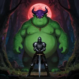 under a red moon in an ominous forest, a knight clad in dark armor drawing his sword in front of a green fat monster serving a sadistic purple demon tyrant