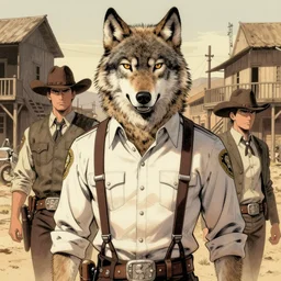 beautiful portrait commission of a male furry anthro wolf Sherriff wearing a white dress shirt with suspenders in an old-timey desert town. Atmospheric. Character design by charlie bowater, ross tran, artgerm, and makoto shinkai, detailed, inked, western comic book art