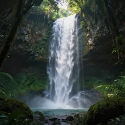 jungle cave waterfall godrays, volumetric lighting, rtx on, an award winning digital render, beautiful, ultradetailed, great composition, depth of field