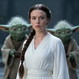film still of!!!! millie bobby brown!!! as princess leia in star wars movie, long braided hair pulled back, closeup portrait, wearing long white robe, yoda on dagobah, deep focus, glamour pose, dramatic lighting, octane, mist, volumetric lighting, split scene, 8 k