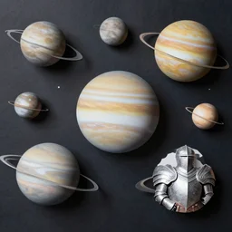 jupiter and its moons. the moons are wearing knights armor. paper style