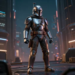 off angle beautiful Product shot film still of the Mandalorian at night in cyperpunk city, motion, hard surface modeling, blade runner, octane, Ian Callum and Peter Mohrbacher, unreal, redshift, 3d model, 8k