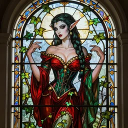 a stunning stained glass window of a beautiful poison ivy as an evil elf queen with hair tied in a braid and wearing a seductive red and green dress, dark eyeliner, intricate, elegant, highly detailed, digital painting, artstation, concept art, sharp focus, illustration, art by greg rutkowski and alphonse mucha, pixiv