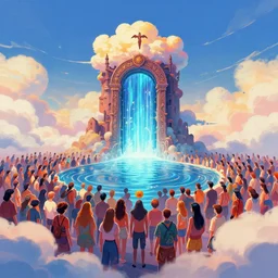 crowd of people, water portal to hell located in heaven, very stylized, rule of thirds, 4 k, alvah angelrune, colorfull