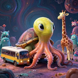 a strange bird turtle octopus giraffe chimera creature waiting for the bus with other monsters, on an alien planet, in the style of shaun tan and sam shearon and dr seuss, close up, glossy, beautiful, fantastic, wonderful, science fiction, dramatic lighting, high contrast, psychedelic fractal background, 3 d sculpture 8 k octane render