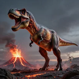tyrannosaurus rex roaring, volcano spewing lava, volumetric lighting, perfect symmetry, hyperdetailed 3 d, hyperrealism, hyperrealistic, cinematic, cgsociety, 8 k