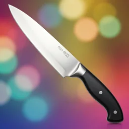 A colorful studio photo of a kitchen knife with a black handle; bokeh, 90mm, f/1.4