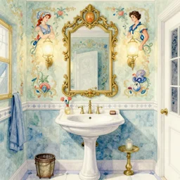 bathroom, fantasy. intricate, amazing composition, colorful watercolor, by ruan jia, by maxfield parrish, by marc simonetti, by hikari shimoda, by robert hubert, by zhang kechun, illustration, gloomy