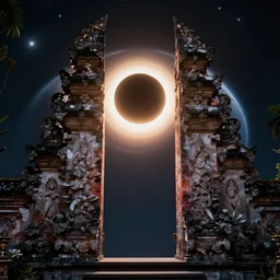 planetary eclipse of the gates of heaven in bali, exquisite, volumetric lighting, 8 k octane beautifully detailed render, post - processing, extremely hyper - detailed, intricate, epic composition, cinematic lighting, masterpiece, trending on artstation, stunning art by caravaggio, by craig mullins, beautiful cinematic light